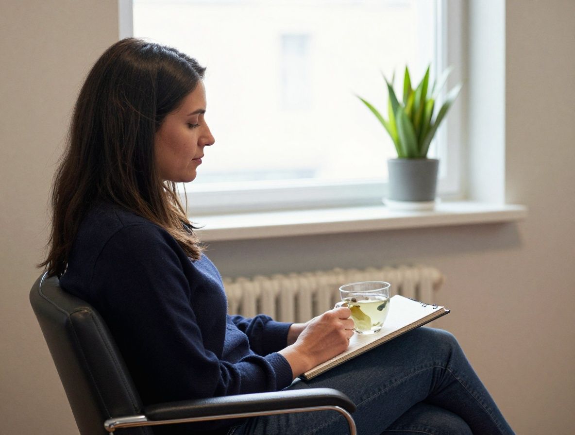 Person sitzt entspannt an einem hellen Fenster mit Tasse Kräutertee in den Händen, Zimmerpflanze im Hintergrund, ruhige Atmosphäre, die mentale Erholung und Stressreduktion symbolisiert