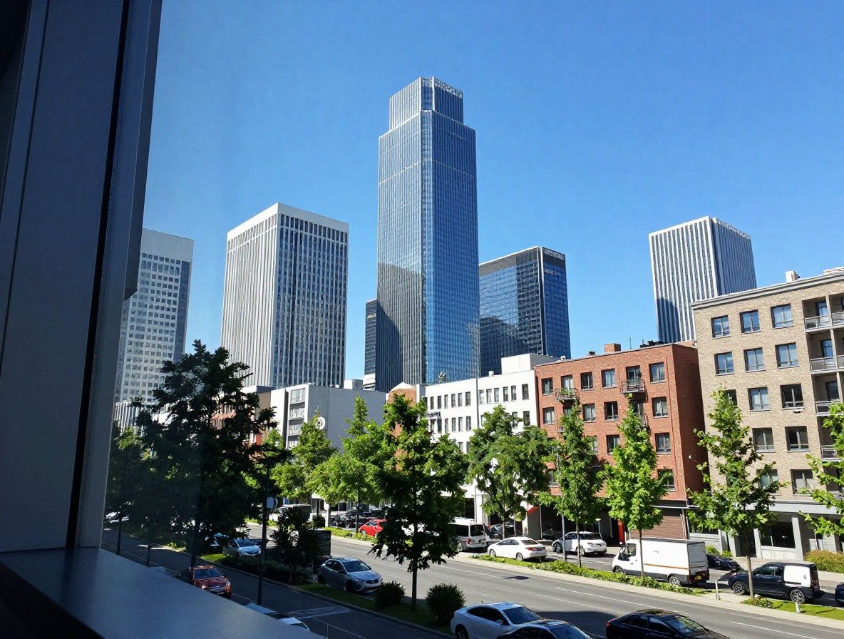 Blick aus einem modernen Bürofenster auf eine sonnige Stadtlandschaft mit Gebäuden und blauem Himmel, symbolisiert das Spannungsfeld zwischen Stadtleben, Lichtmangel und Umweltfaktoren