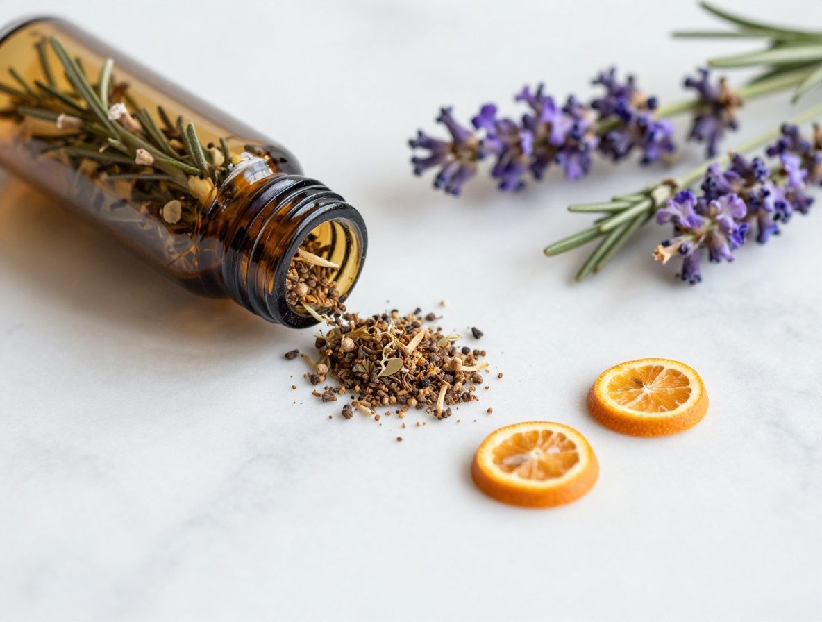 Makroaufnahme von frischen Rosmarinzweigen, Lavendelblüten und Orangenschalen auf einer weissen Marmoroberfläche, symbolisiert natürliche botanische Wirkstoffe und pflanzliche Inhaltsstoffe in der Hautpflege