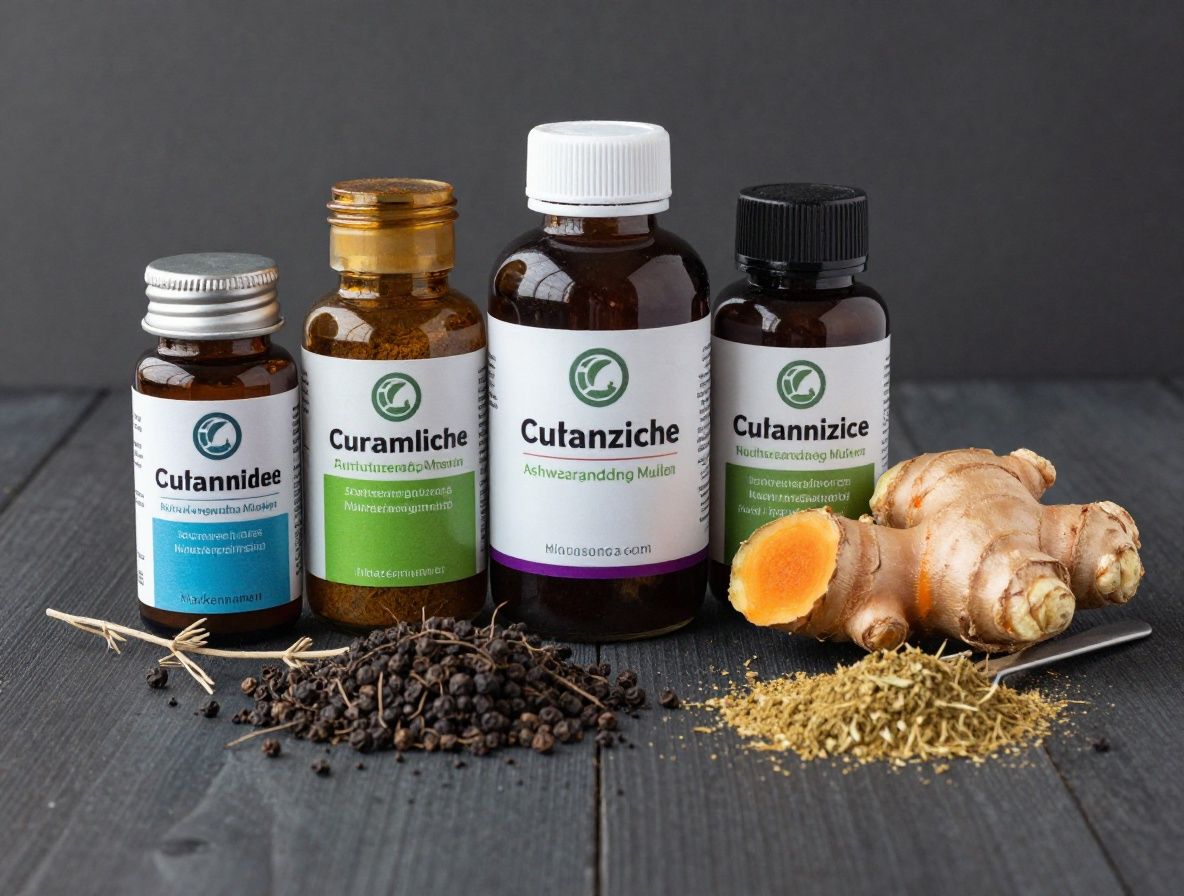 Draufsicht auf verschiedene natürliche Zutaten wie Curcuma, schwarzen Pfeffer, Ingwer, Ashwagandha-Pulver und Kräuter auf einem dunklen Holzuntergrund, symbolisiert Rohstoffe für pflanzliche Nahrungsergänzungsmittelkategorien ohne Markennamen